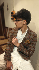 Men's brown check wool casual coat